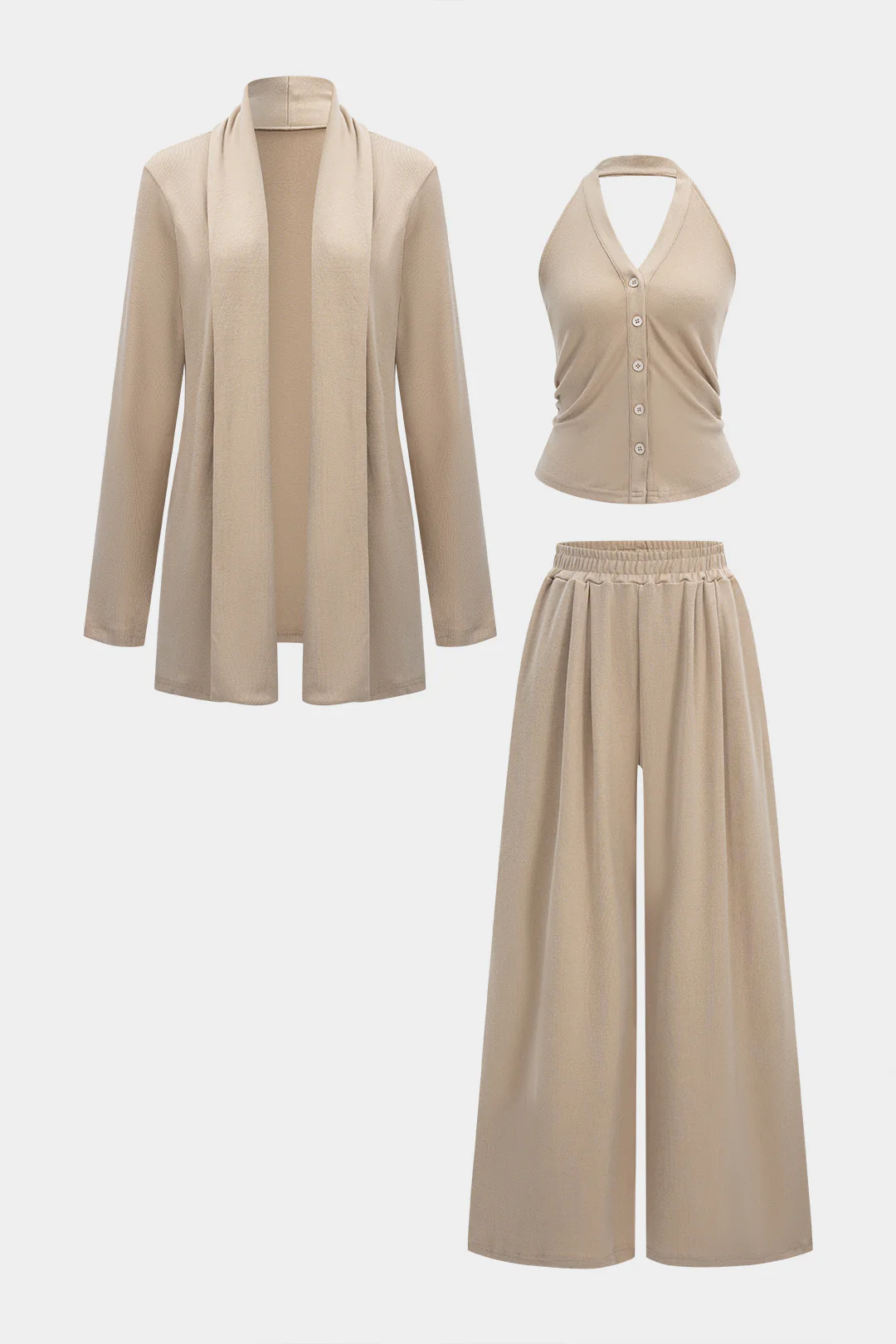 Solid Long Cardigan And Halter Neck Ruched Cami Top And Wide Leg Trousers Set - Weenar