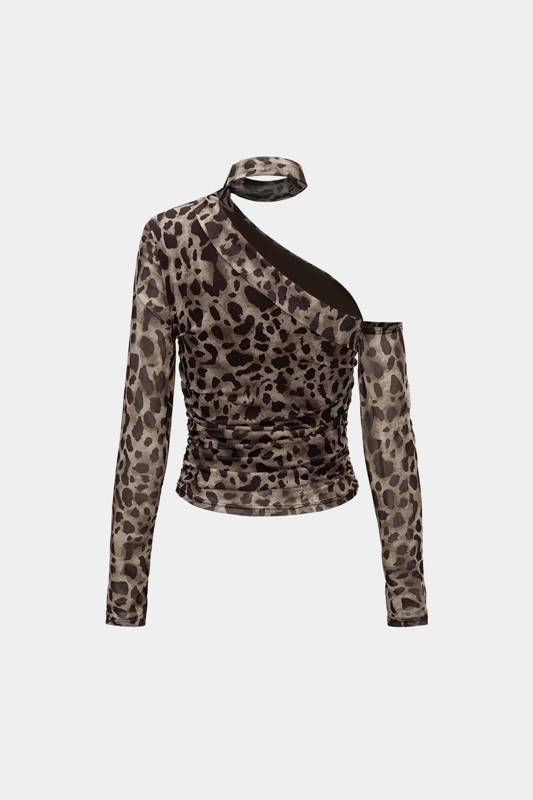 Mesh Leopard Print Asymmetrical Long-Sleeve Top - Weenar