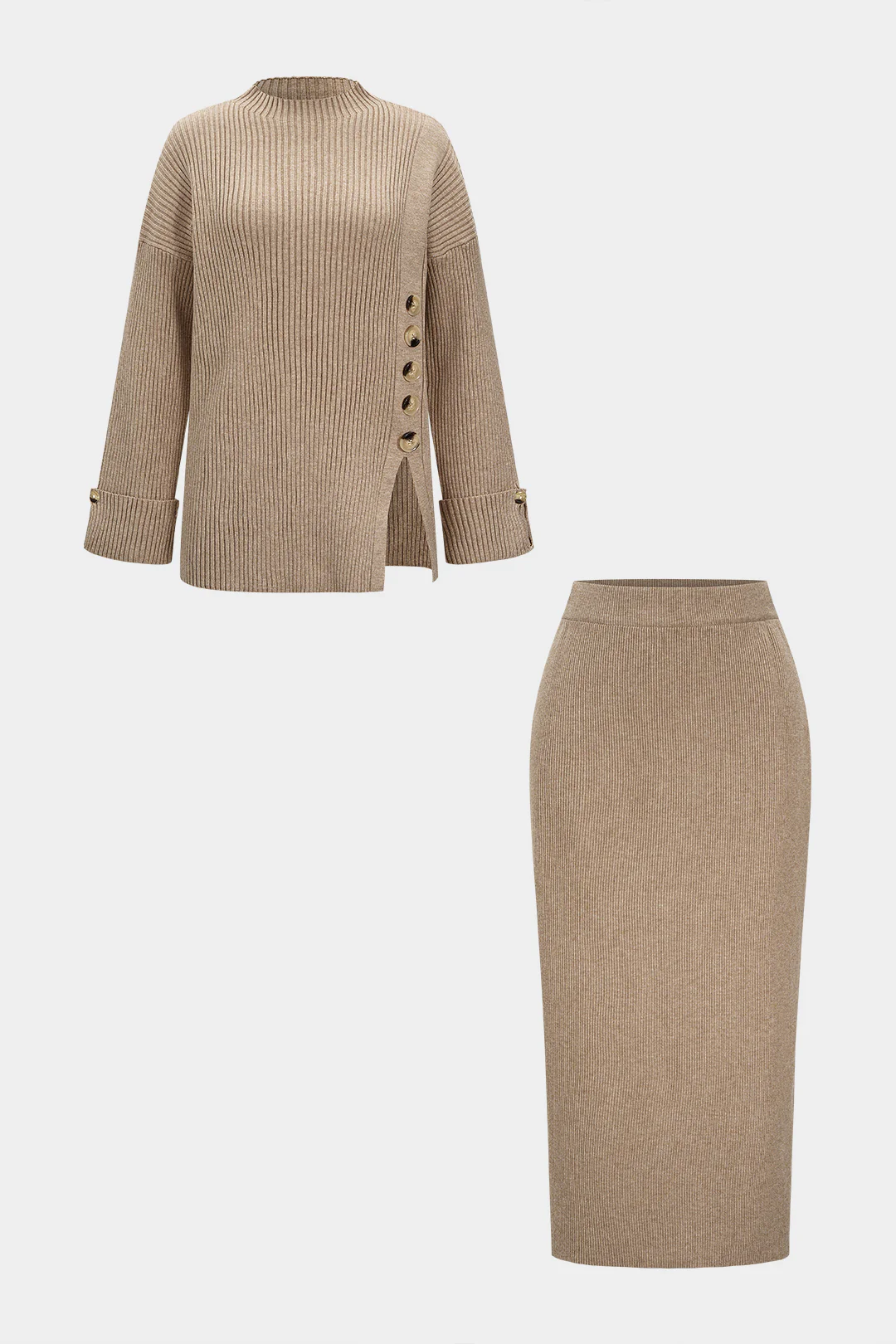 Knit Asymmetrical Button Side Slit Long-Sleeve Top And Skirt Set - Weenar
