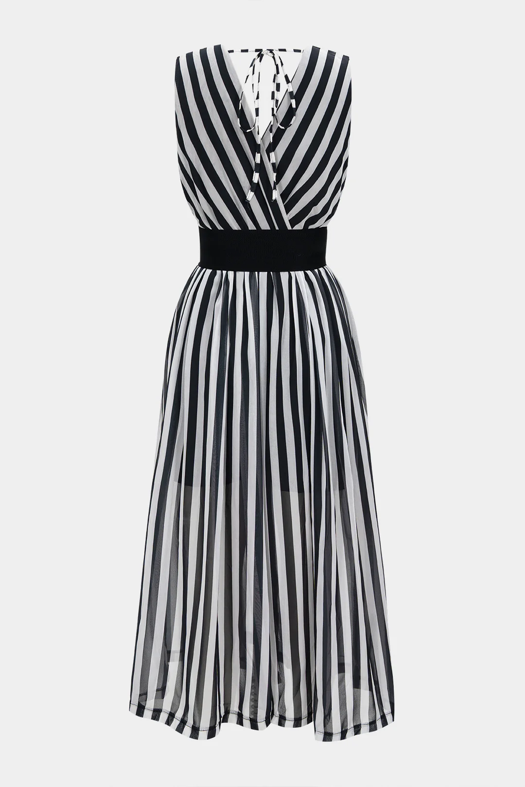 Stripes Print Chiffon Belted Tie Back Sleeveless Jumpsuit - Weenar