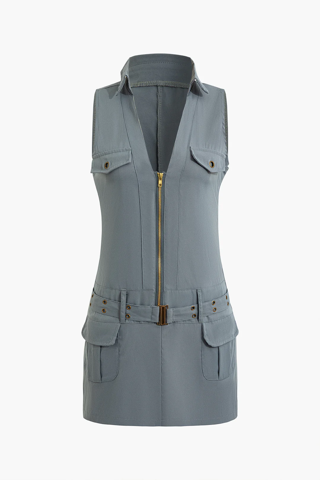 V-Neck Zipper Pocket Belted Sleeveless Mini Dress - Weenar