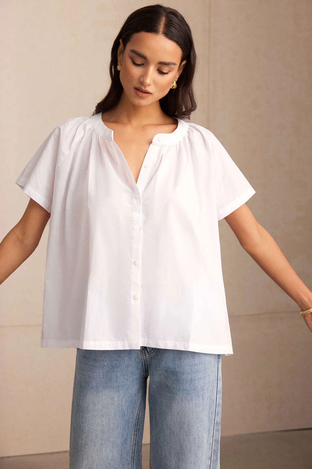Round Neck Button Batwing Short-Sleeve Shirt - Weenar