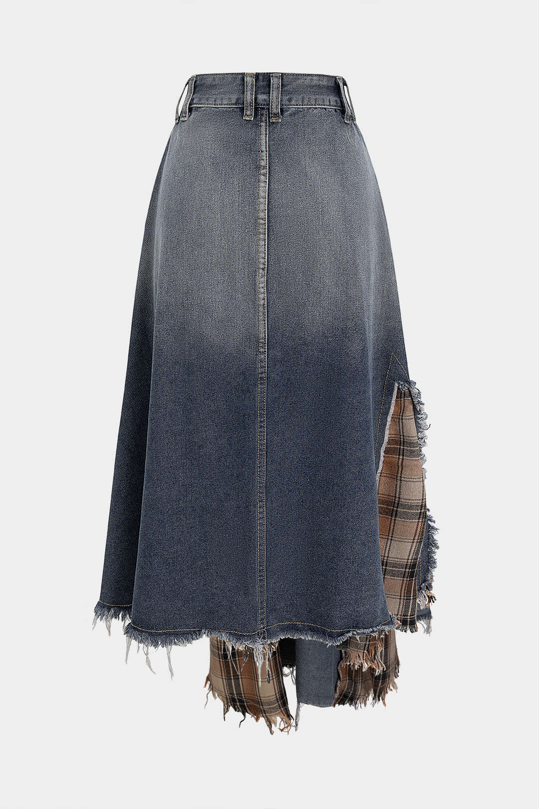 Denim Plaid Print Patchwork Frayed High Waist Skirt - Weenar