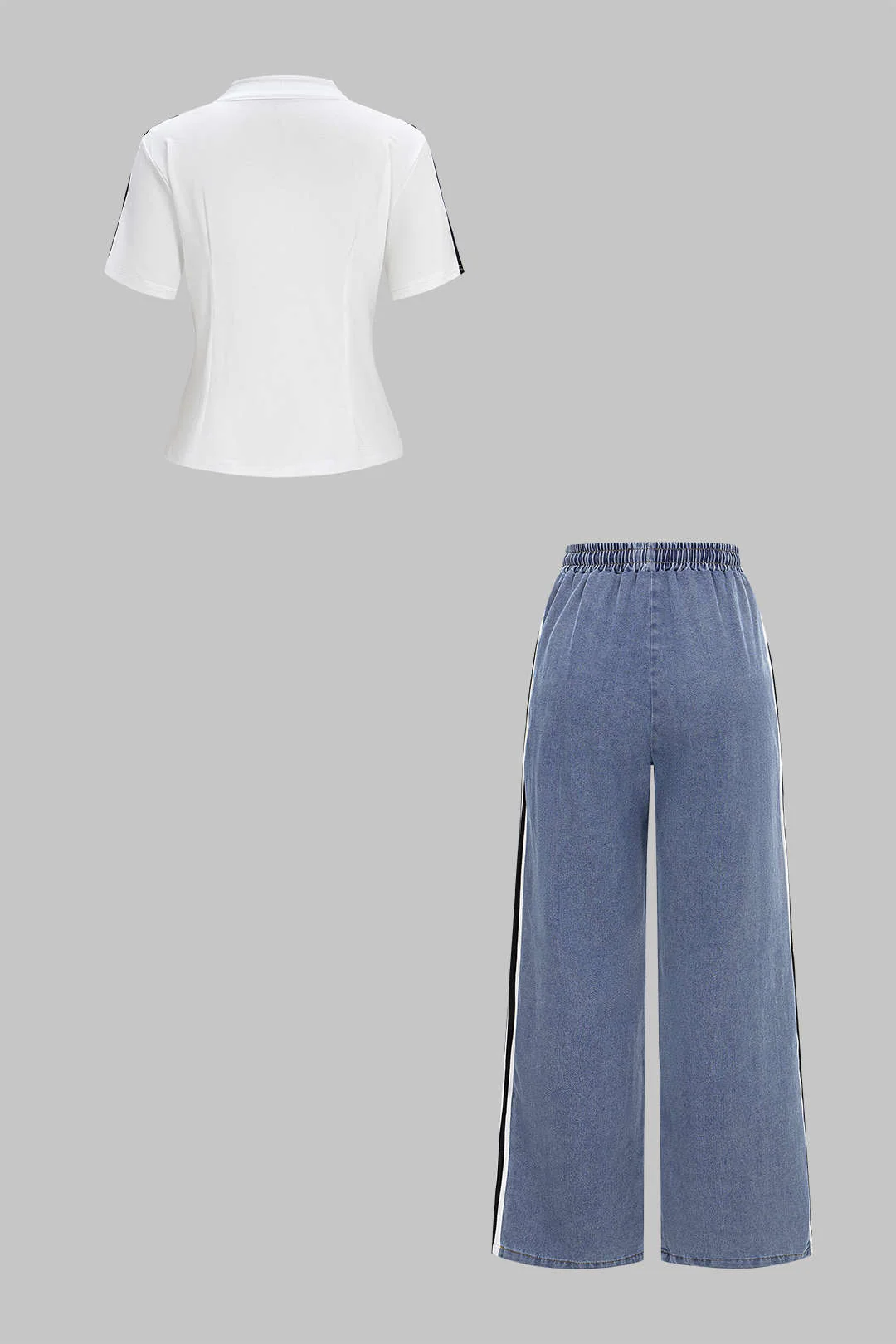 Denim Patchwork Mock Neck Zipper Short Sleeve Top And Drawstring Shirred Waistband Jeans Set - Weenar