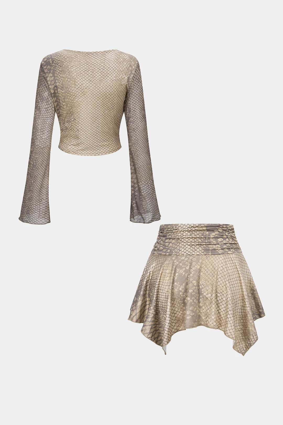 Snake Skin Print Draped Cowl Neck Long Sleeve Top And Irregular Hem Skirt Set - Weenar