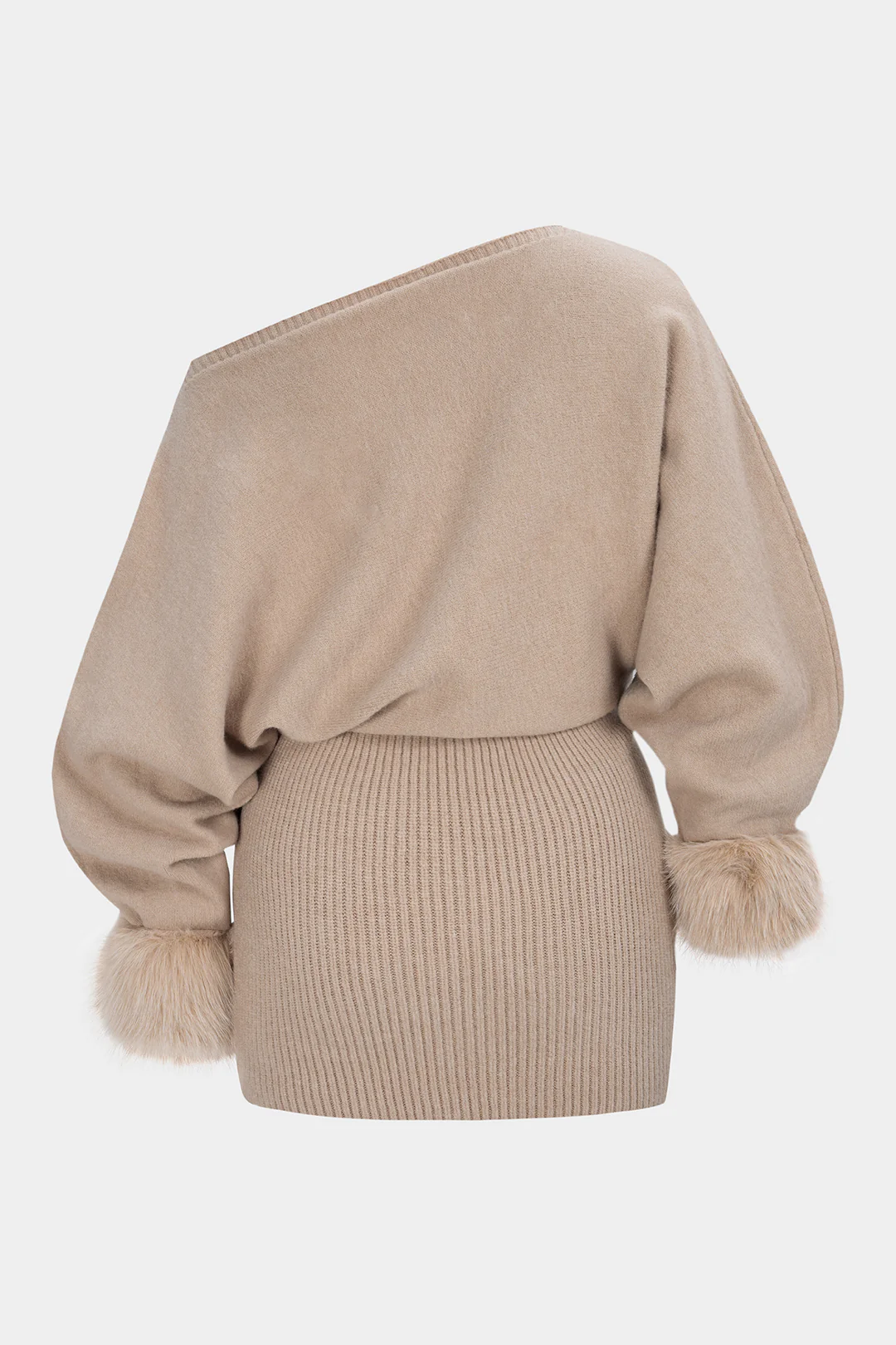 Knit Patchwork Faux Fur One Shoulder Long Sleeve Mini Dress - Weenar