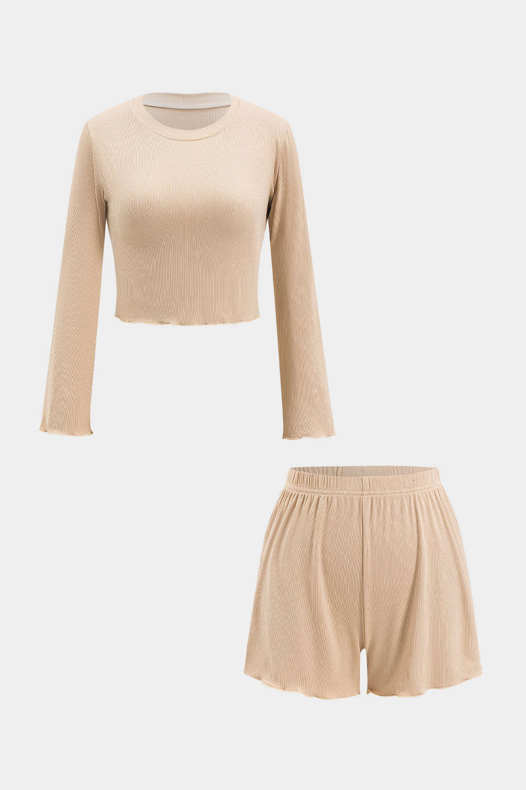Solid Round Neck Long Sleeve Top And Shorts Set - Weenar