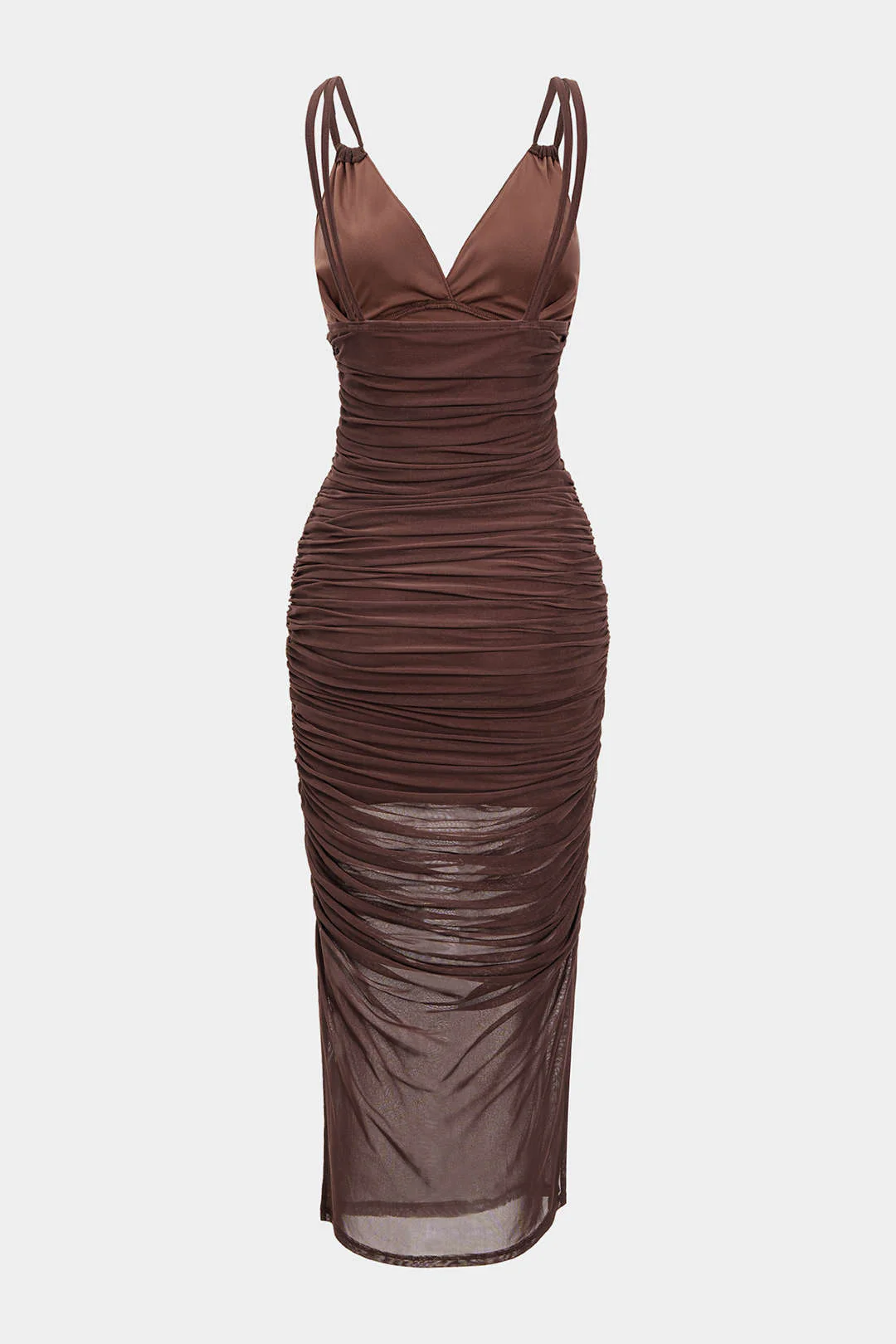 Mesh Ruched Slip V-Neck Sleeveless Maxi Dress - Weenar
