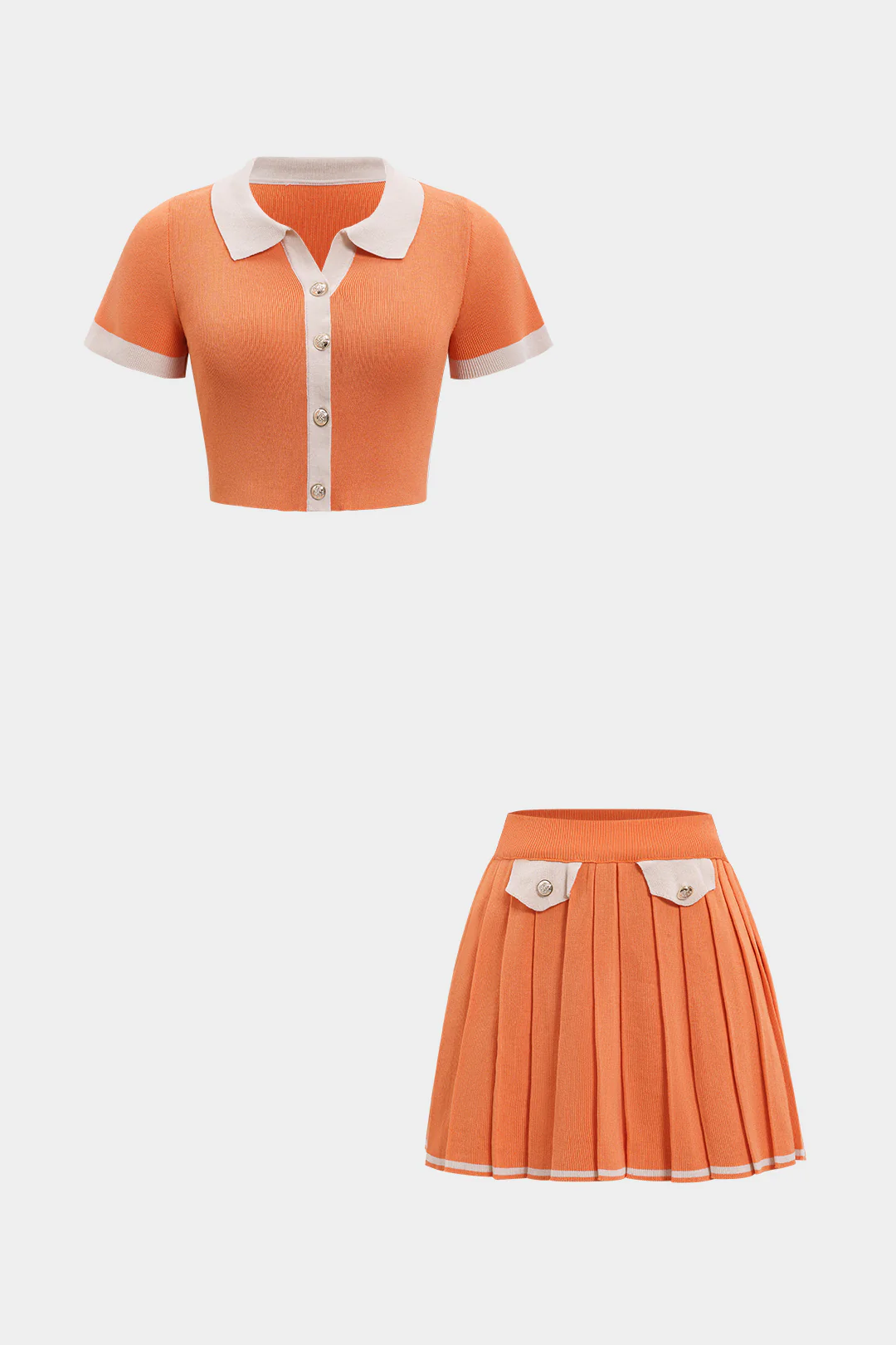 Knit Contrast Binding Short-Sleeve Top And Pleated Mini Skirt Set - Weenar