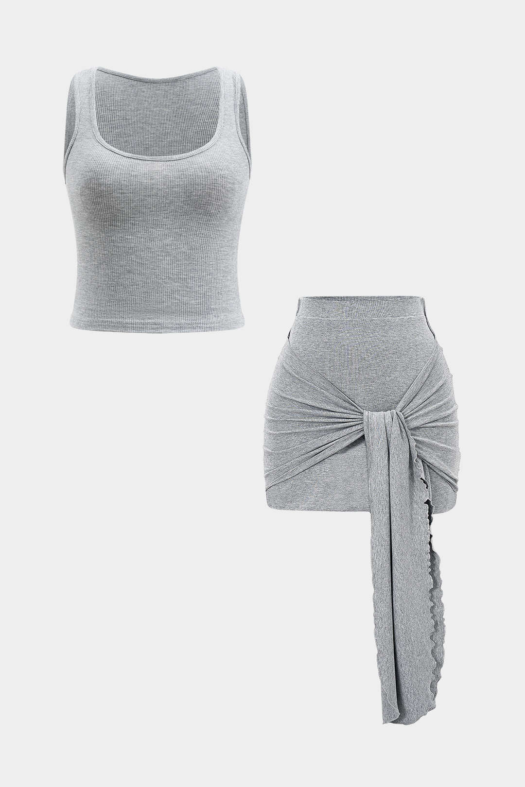Solid Sleeveless Tank Top And Ruched Tie Front Skirt Set - Weenar