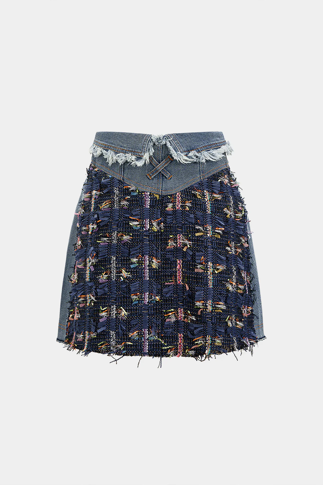 Denim Jacquard Patchwork Frayed Pocket Mini Skirt - Weenar