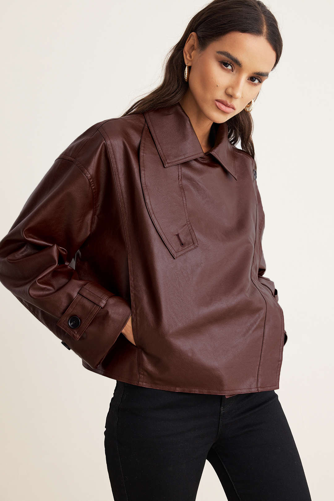 Faux Leather Asymmetrical Cropped Jacket - Weenar