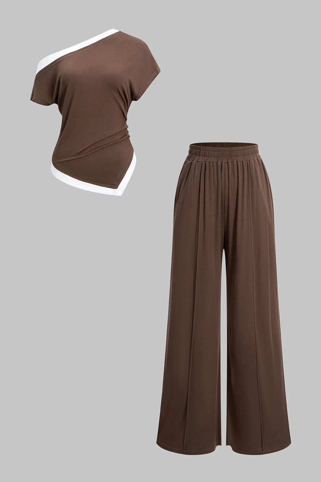 Asymmetrical Ruched Short-Sleeve Top And Shirred Waistband Pants Set - Weenar
