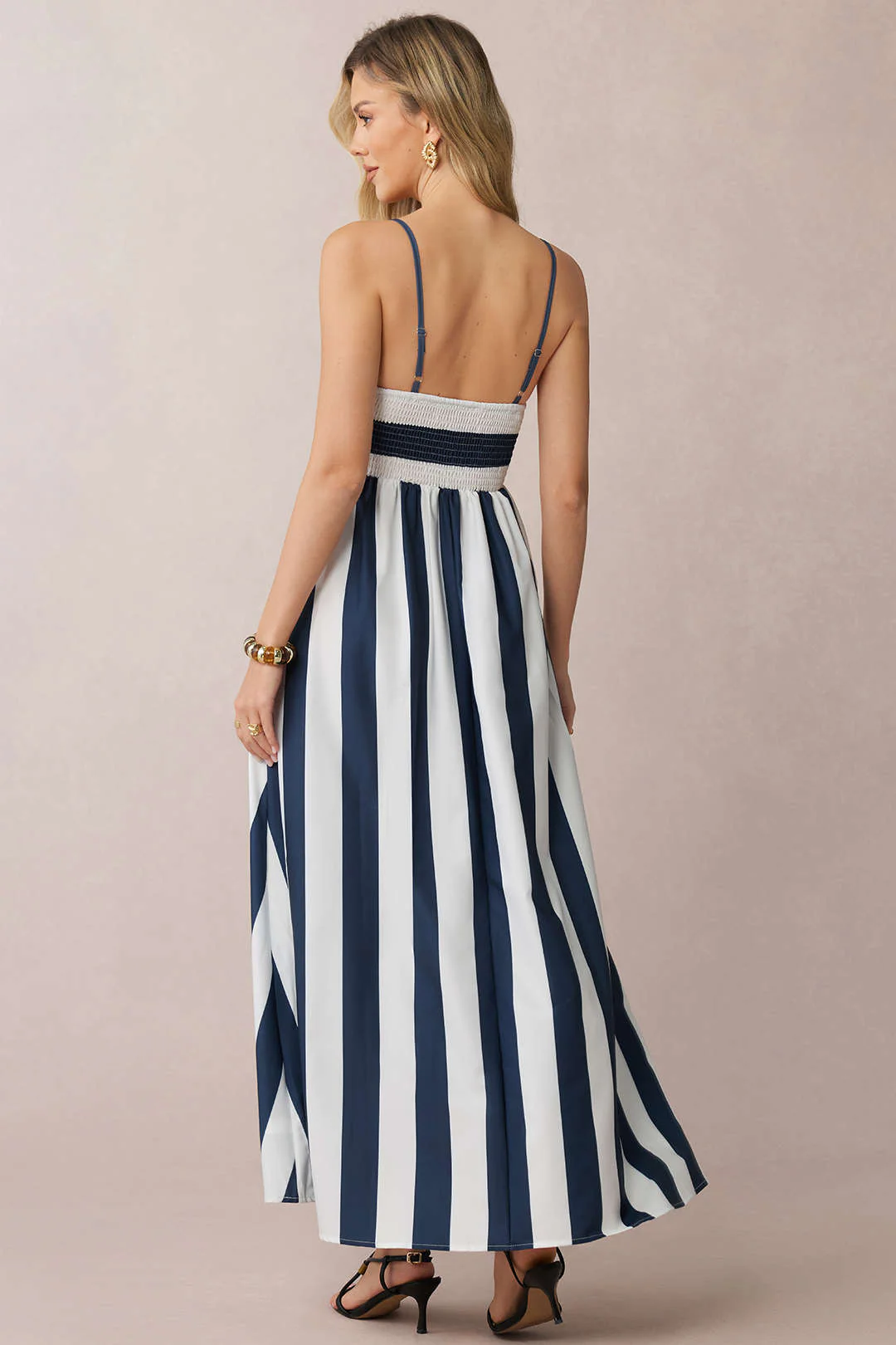 Stripes Print Smocked Backless Sleeveless Maxi Dress - Weenar