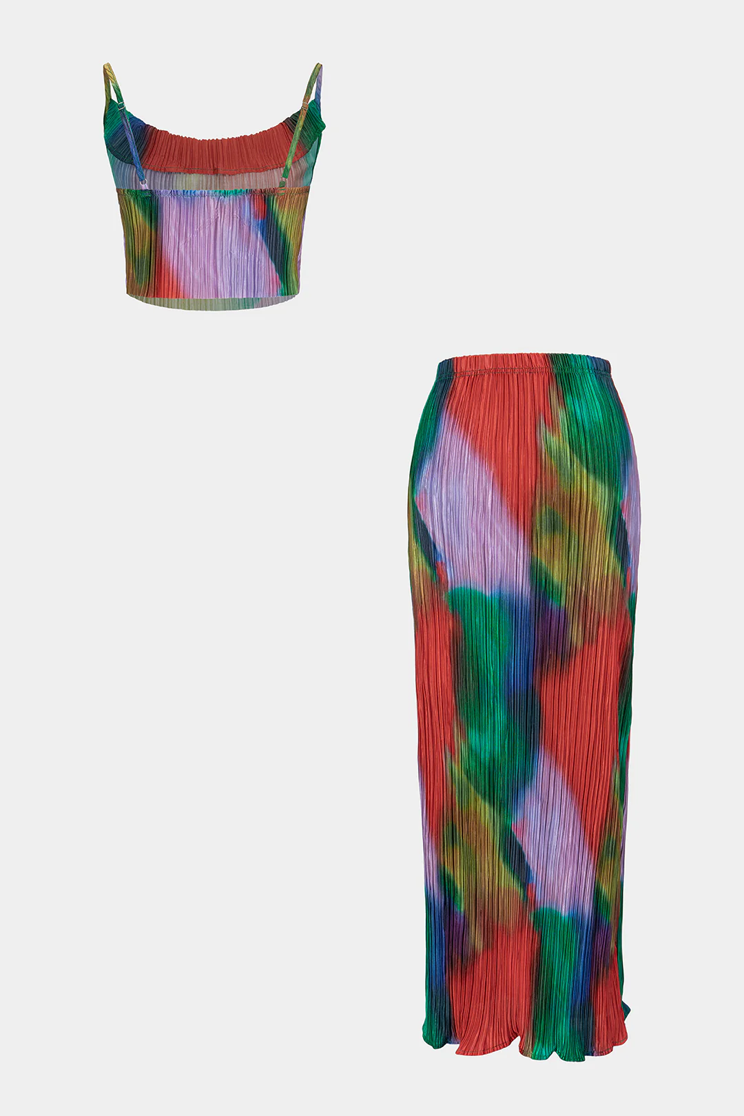 Tie Dye Print Satin Pleated Round Neck Cami Top And High Waist Skirt Set - Weenar