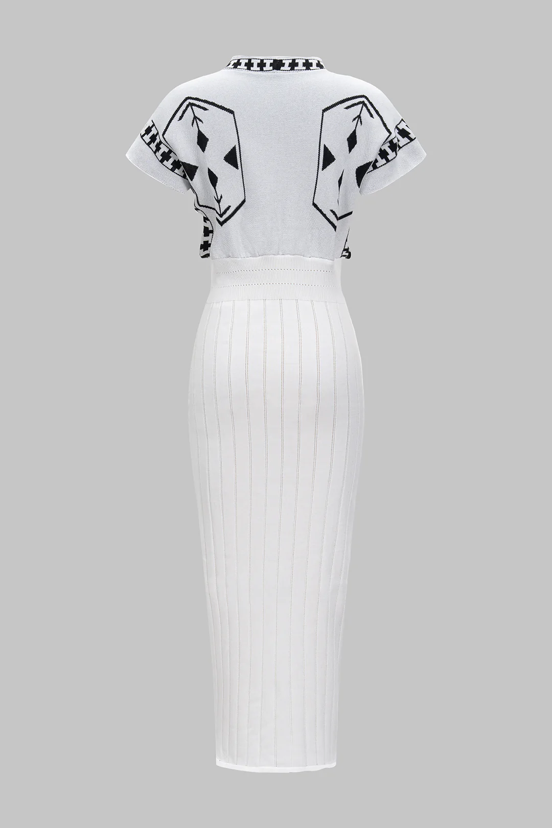 Knit Jacquard V-Neck Short-Sleeve Dress - Weenar