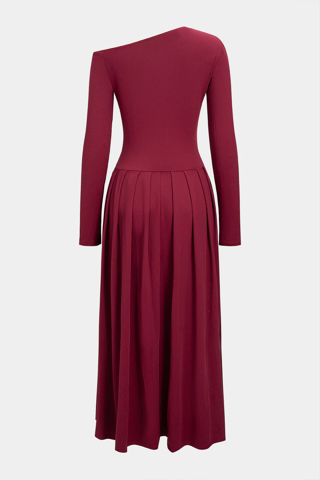 Asymmetrical Shoulder Pleated Long Sleeve Maxi Dress - Weenar