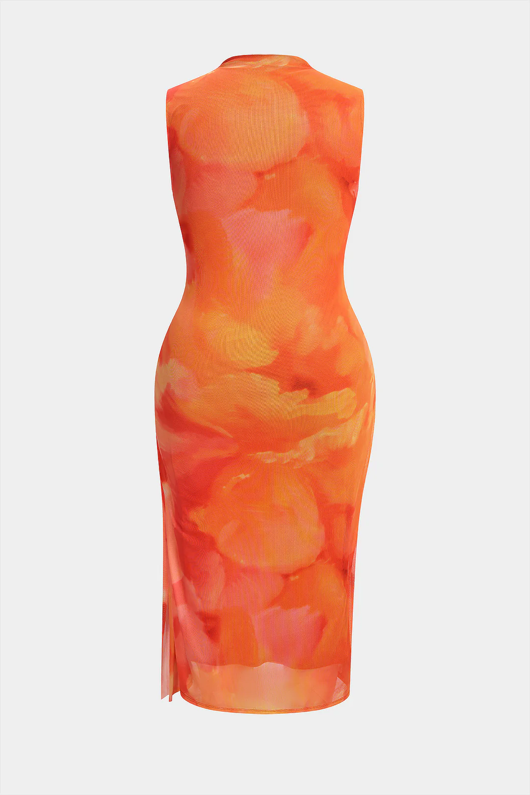 Plus Size Floral Print Mesh Mock Neck Asymmetrical Sleeveless Midi Dress - Weenar