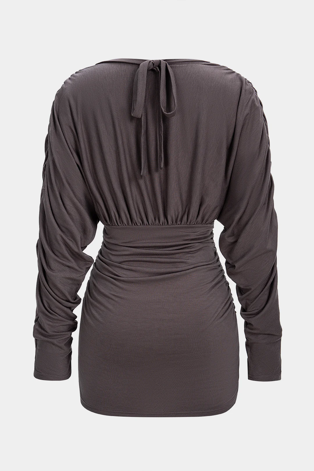 V-Neck Tie-Up Ruched Long Sleeve Mini Dress - Weenar