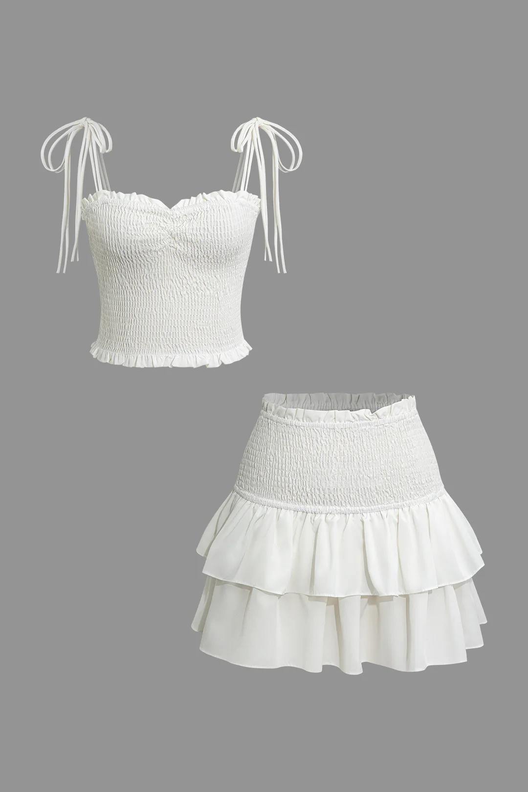 Solid Tie-Up Shirred Cami Top And Mini Skirt Set - Weenar