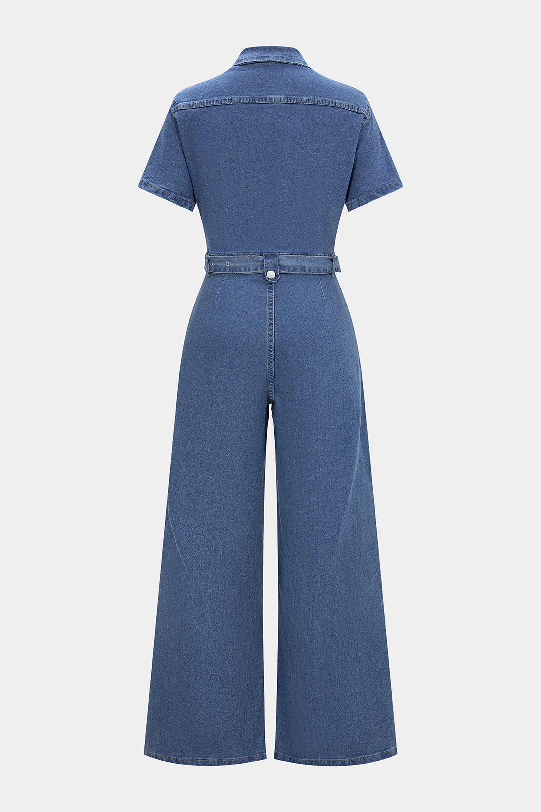Denim Lapel Short Sleeve Belted Pocket Wide Leg Jumpsuit - Weenar