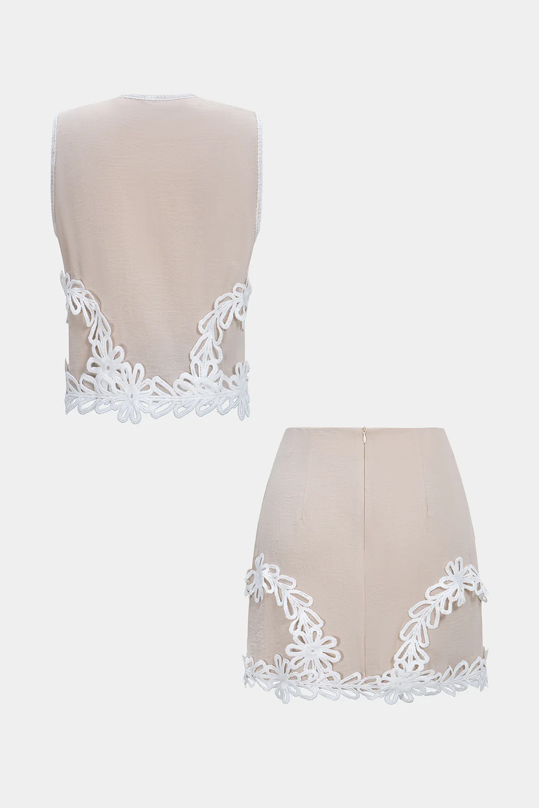Flower Applique V-Neck Tank Top And Zipper Skirt Set - Weenar