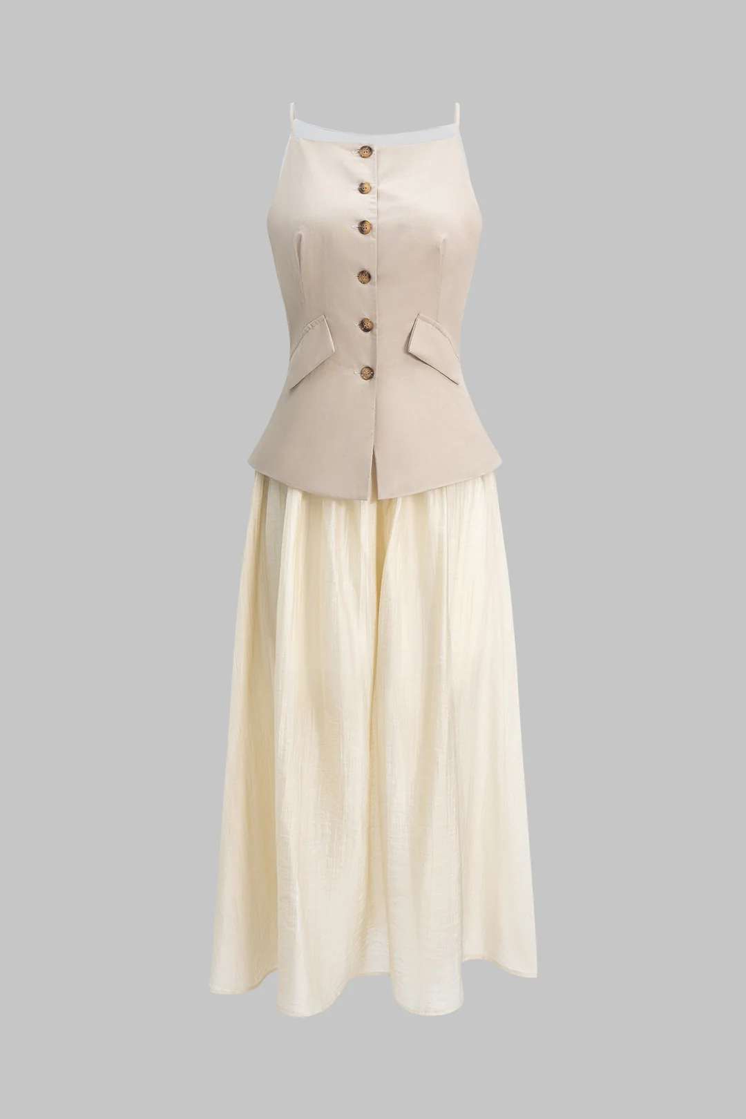 Fake Pocket Patchwork Button Ruched Sleeveless Maxi Dress - Weenar