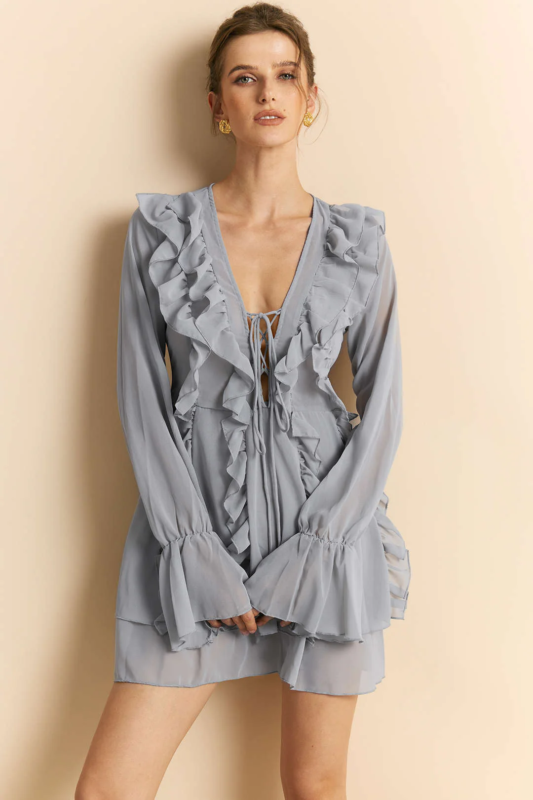 Chiffon Ruffle Tie-Up Bell Sleeve V-Neck Long Sleeve Mini Dress - Weenar
