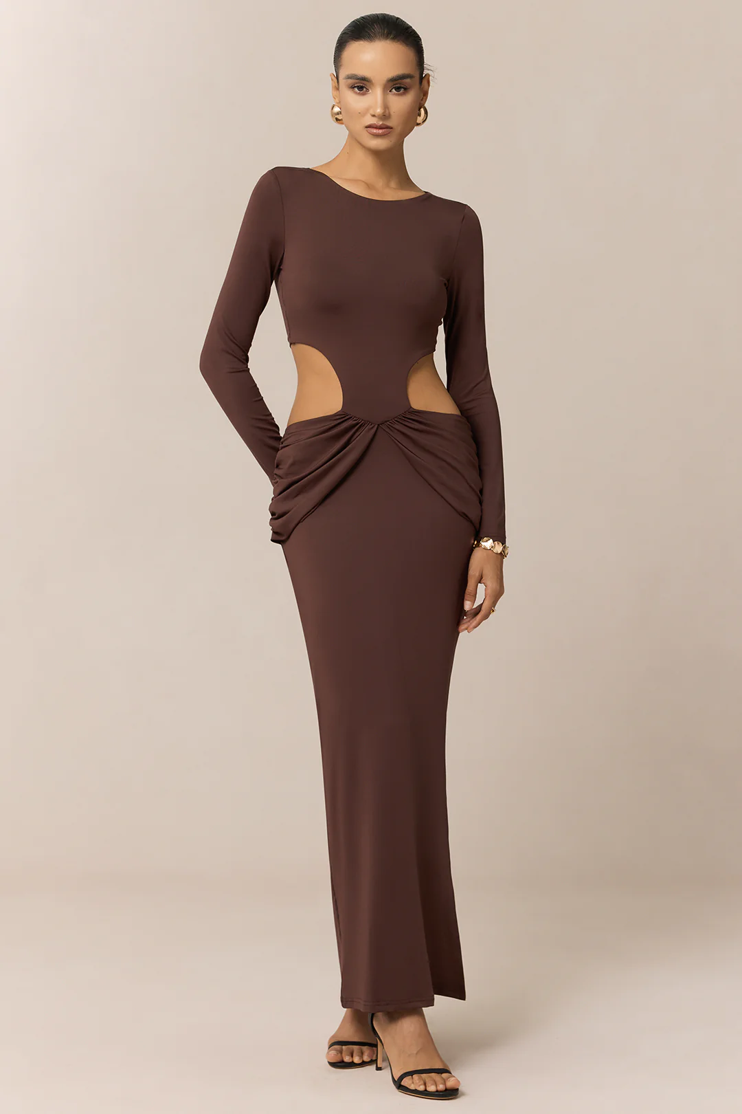 Ruched Round Neck Cut Out Long Sleeve Maxi Dress - Weenar