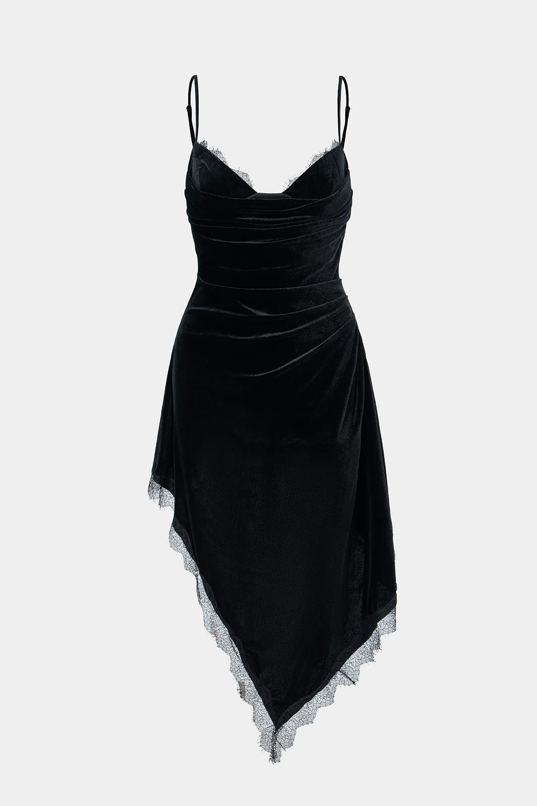 Velvet Patchwork Lace Trim Ruched Asymmetrical Sleeveless Mini Dress - Weenar