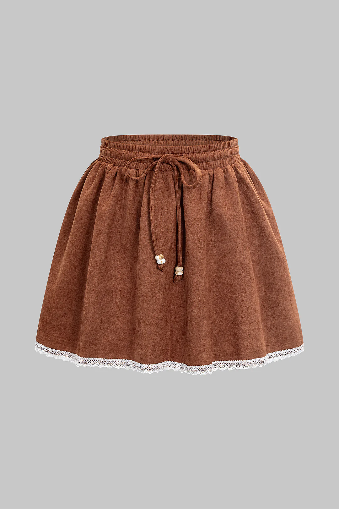 Lace Trim Patchwork Suede Tie-Up Puff Mini Skirt - Weenar