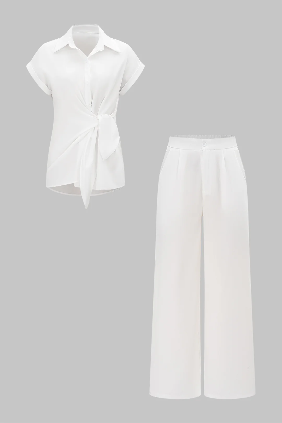 Asymmetrical Tie Front Long-Sleeve Shirt And Pants Set - Weenar