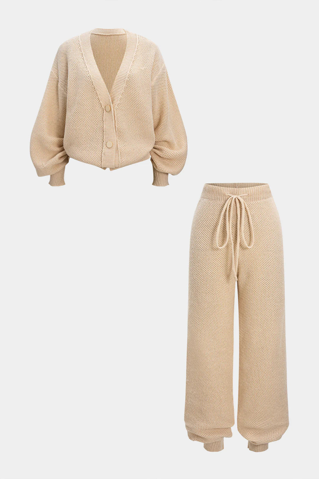 Button V-Neck Sweater Cardigan And Tie-Up Lantern Pants Set - Weenar