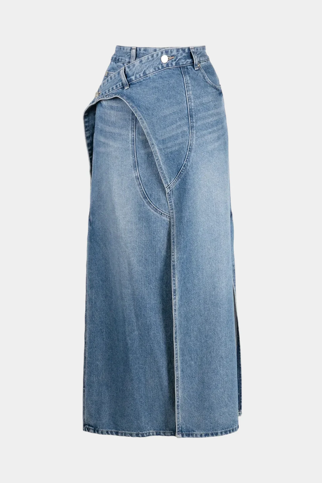 Denim High Waist Washed Asymmetrical Side Slit Skirt - Weenar