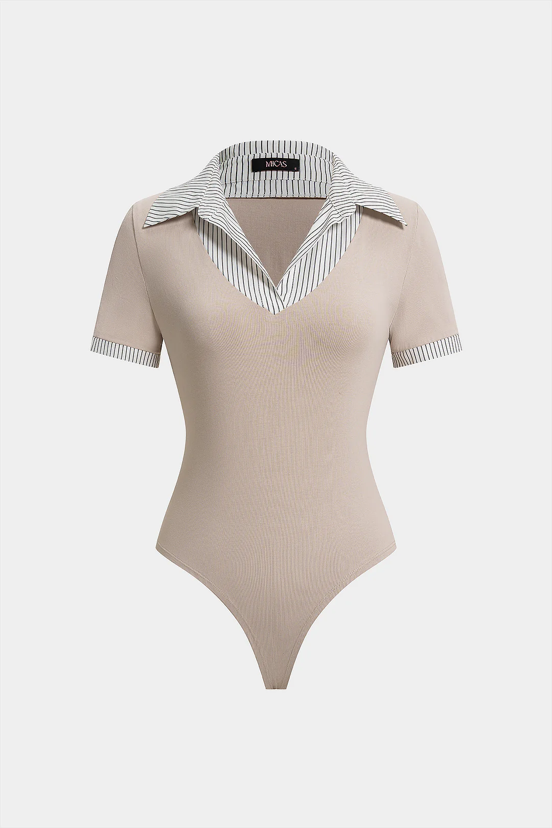 Striped Patchwork Lapel Short Sleeve Bodysuit - Weenar