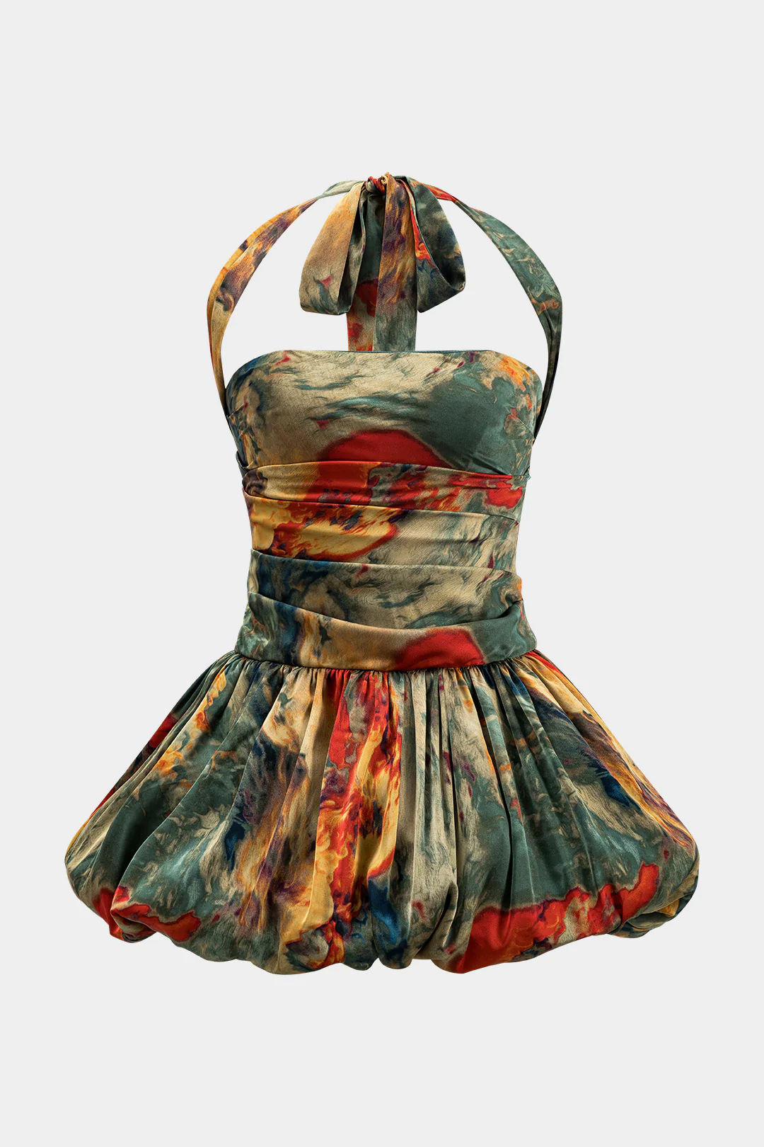 Watercolor Print Satin Ruched Backless Zipper Tie Up Mini Dress - Weenar