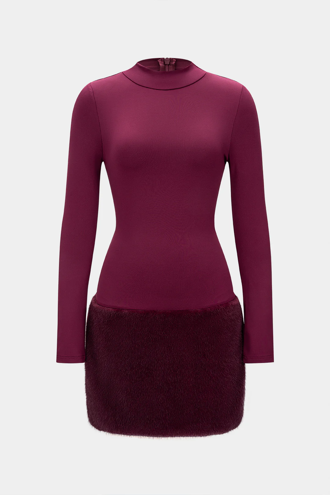 Plush Patchwork Round Neck Long Sleeve Mini Dress - Weenar