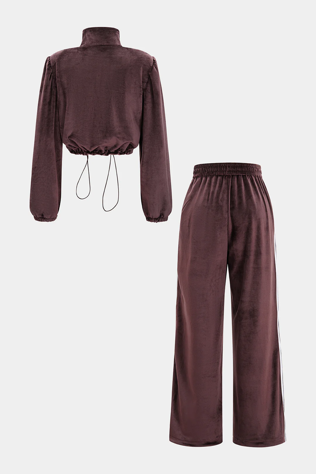 Velvet Stand Collar Zipper Long-Sleeve Top And Drawstring Pants Set - Weenar