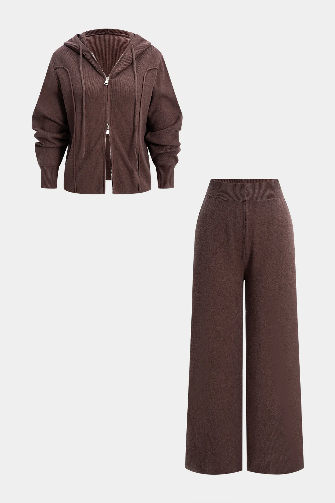 Knit Zipper Hooded Sweater Caedigan And Wide Leg Pants Set - Weenar