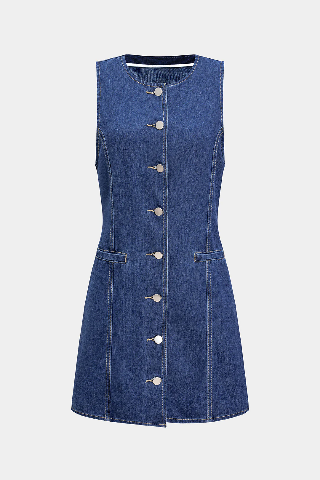 Denim Round Neck Button Sleeveless Dress - Weenar