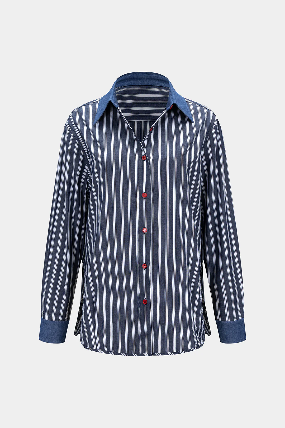 Contrast Stripes Print Denim Patchwork  Button Long-Sleeve Shirt - Weenar