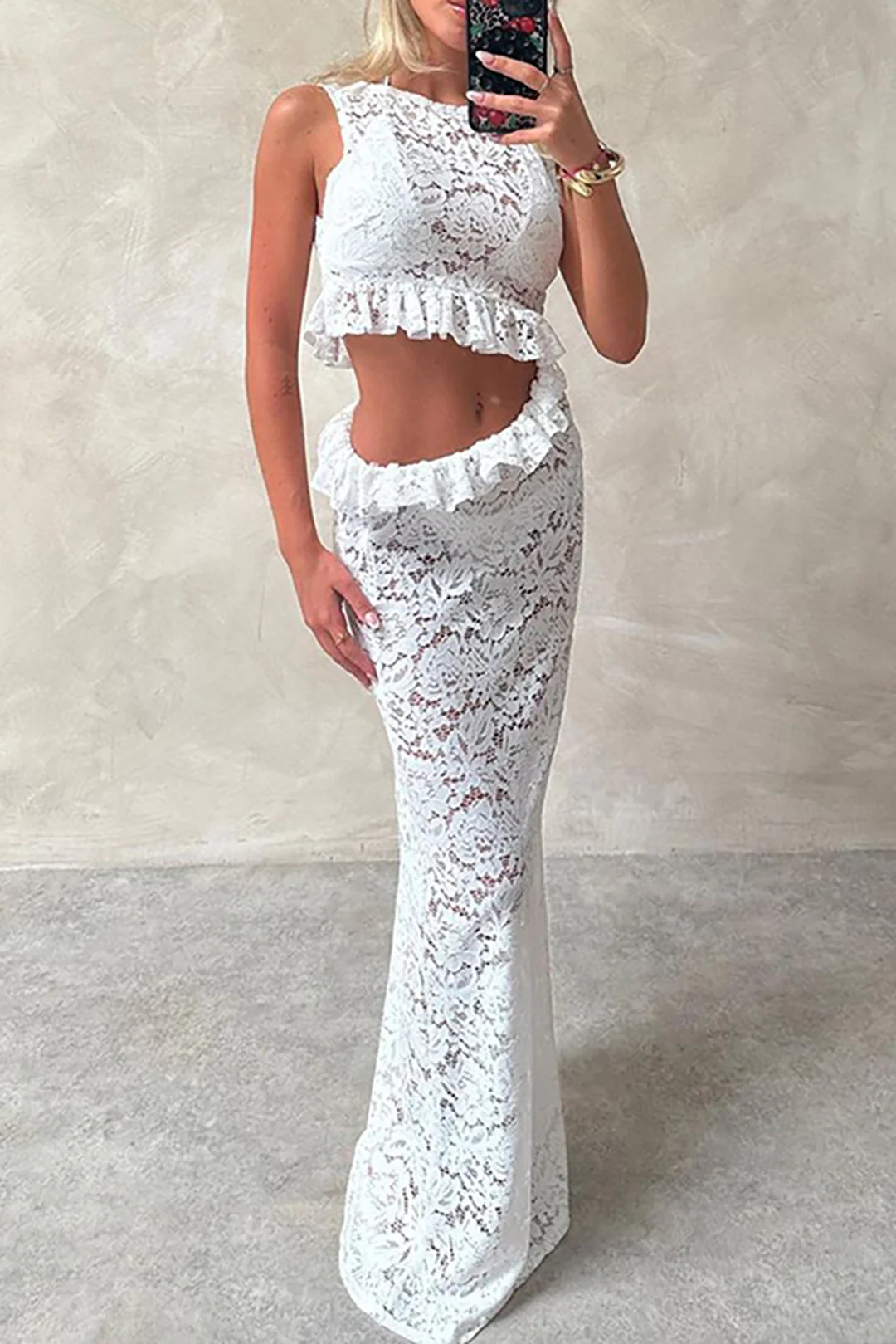 Lace Ruffle Cut Out Asymmetrical Sleeveless Maxi Dress - Weenar