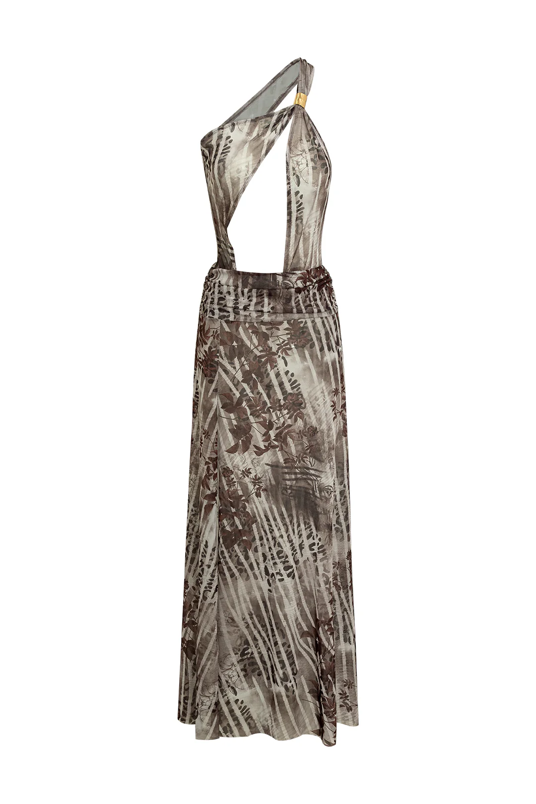 Leaf Print Backless Asymmetrical Slit Sleeveless Maxi Dress - Weenar