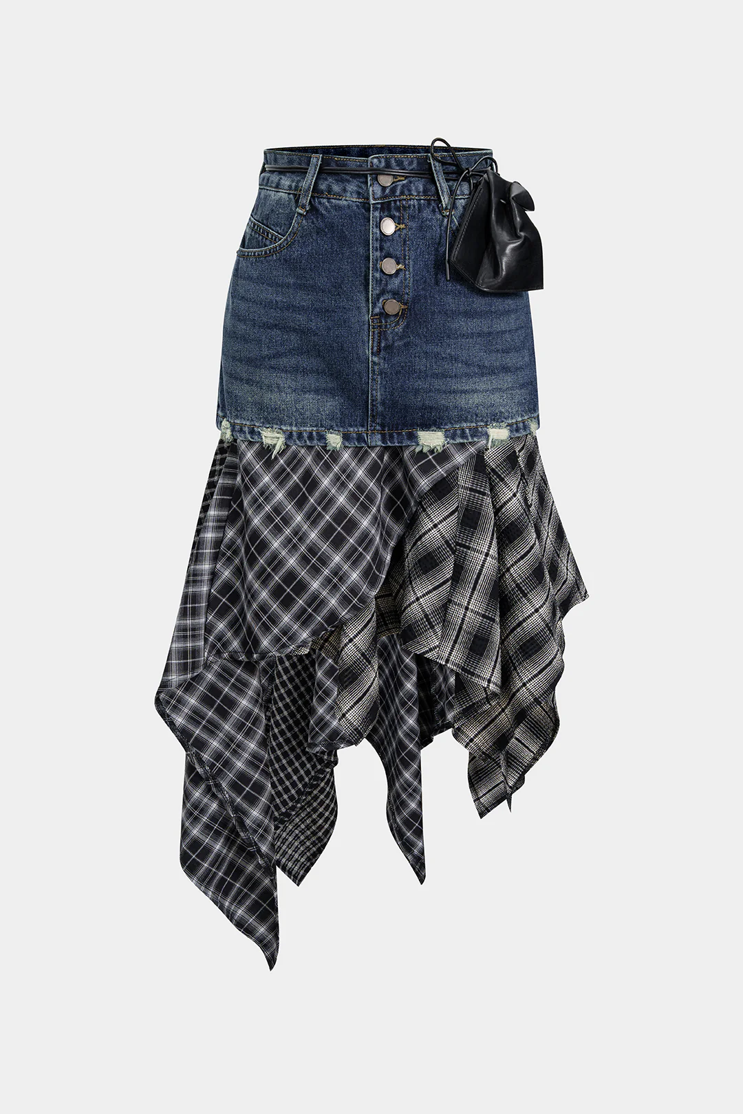 Denim Plaid Print Patchwork Irregular Hem Skirt - Weenar
