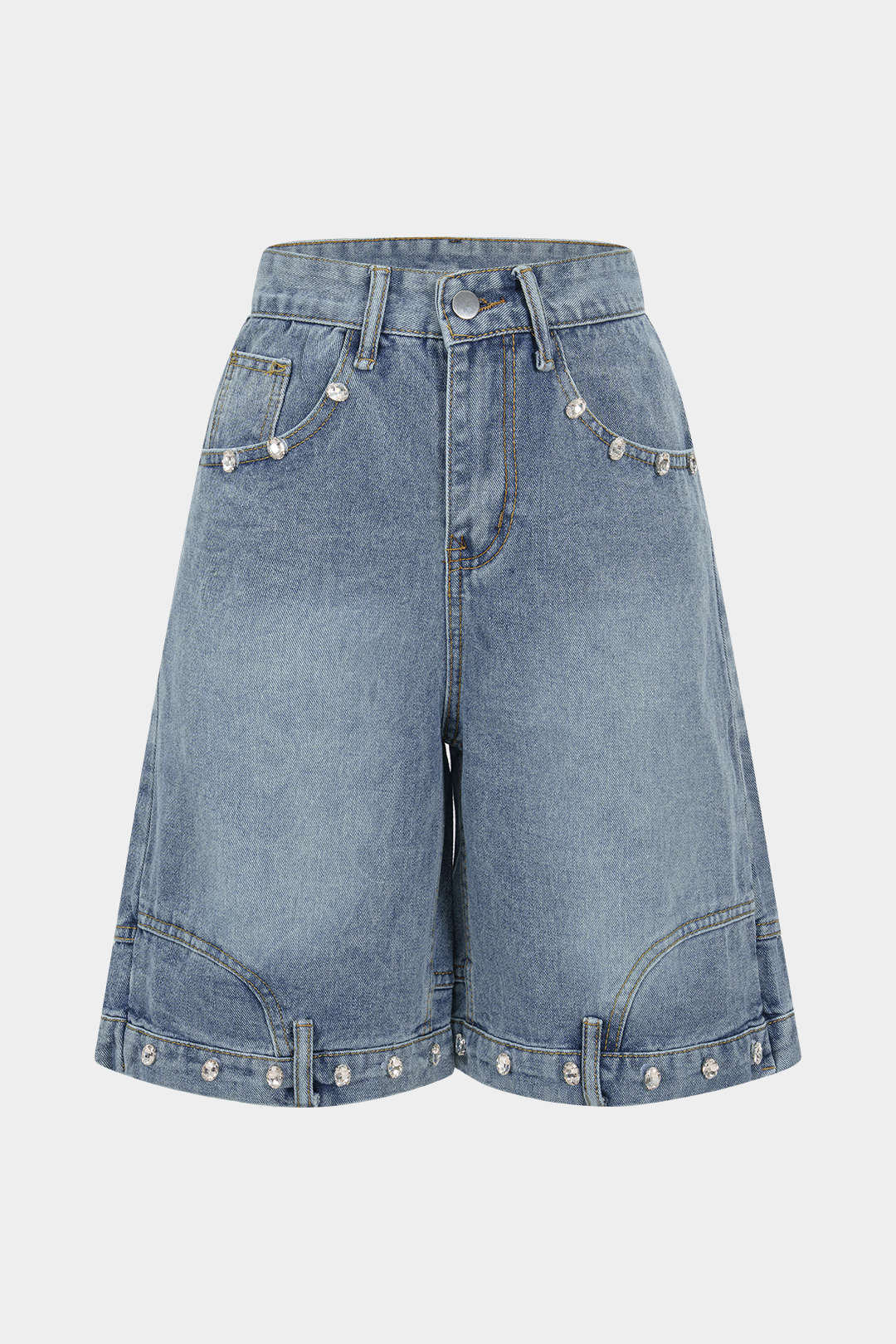 Denim Zipper Rhinestone Trim Pocket Shorts - Weenar