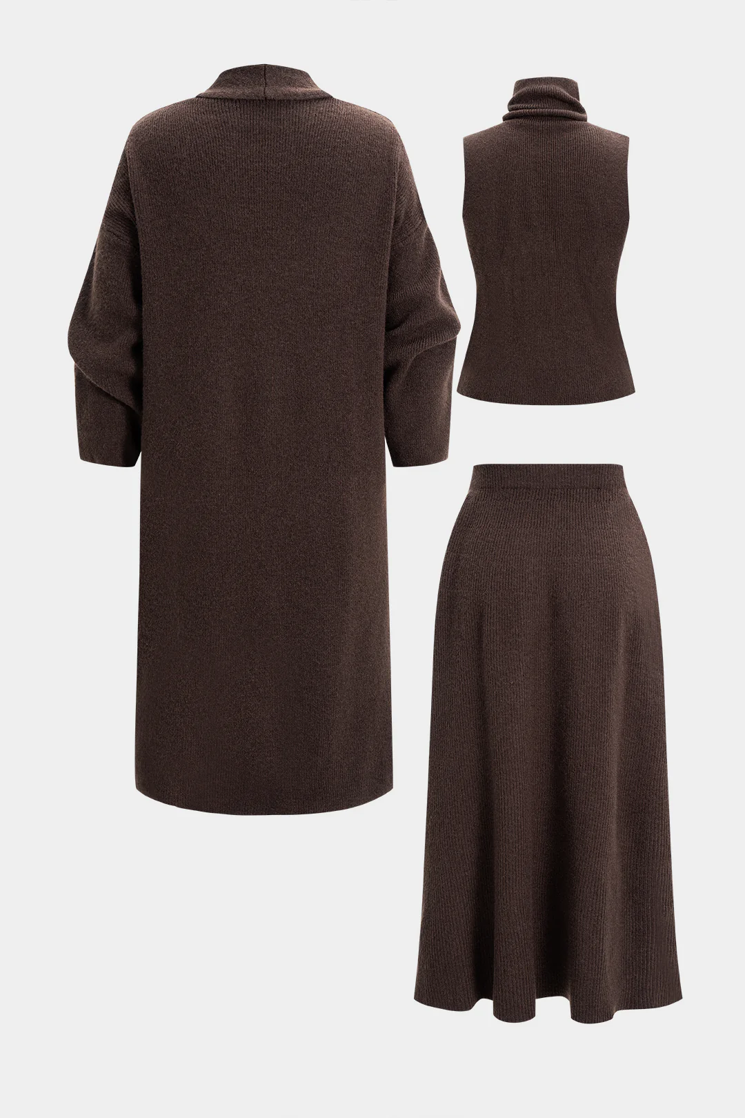 Knit Ruched Long Cardigan And Mock Neck Tank Top And Skirt Set - Weenar