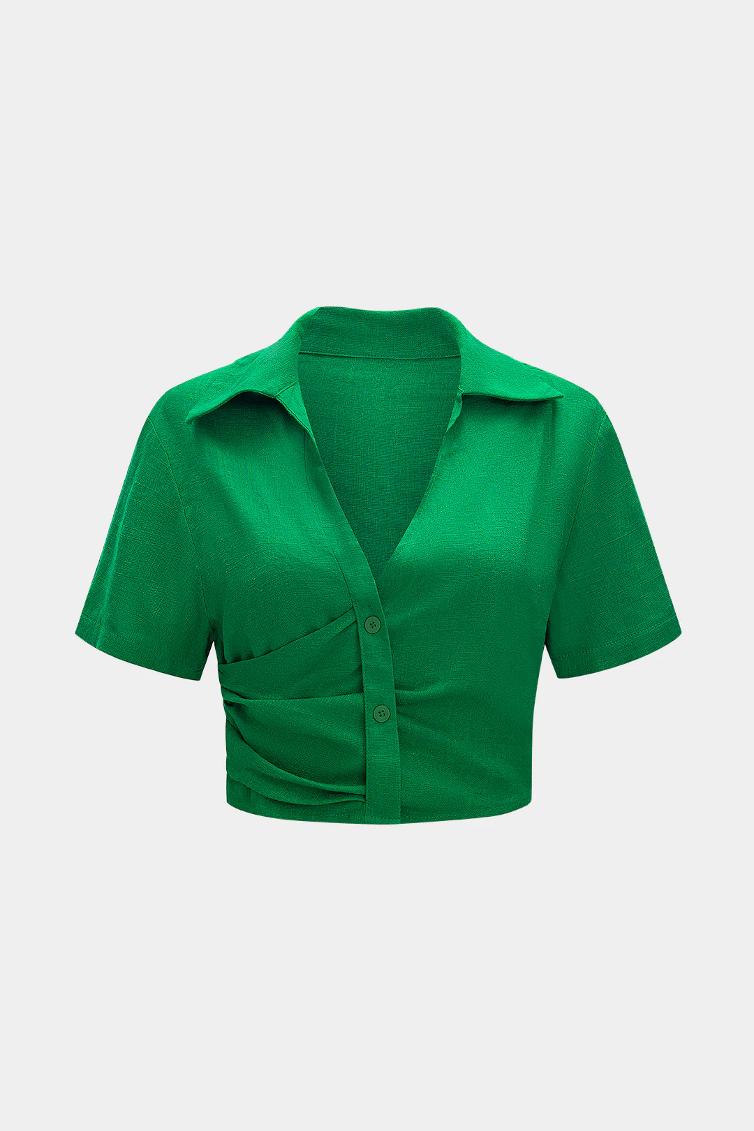 Linen Asymmetrical Ruched V-Neck Short-Sleeve Shirt - Weenar