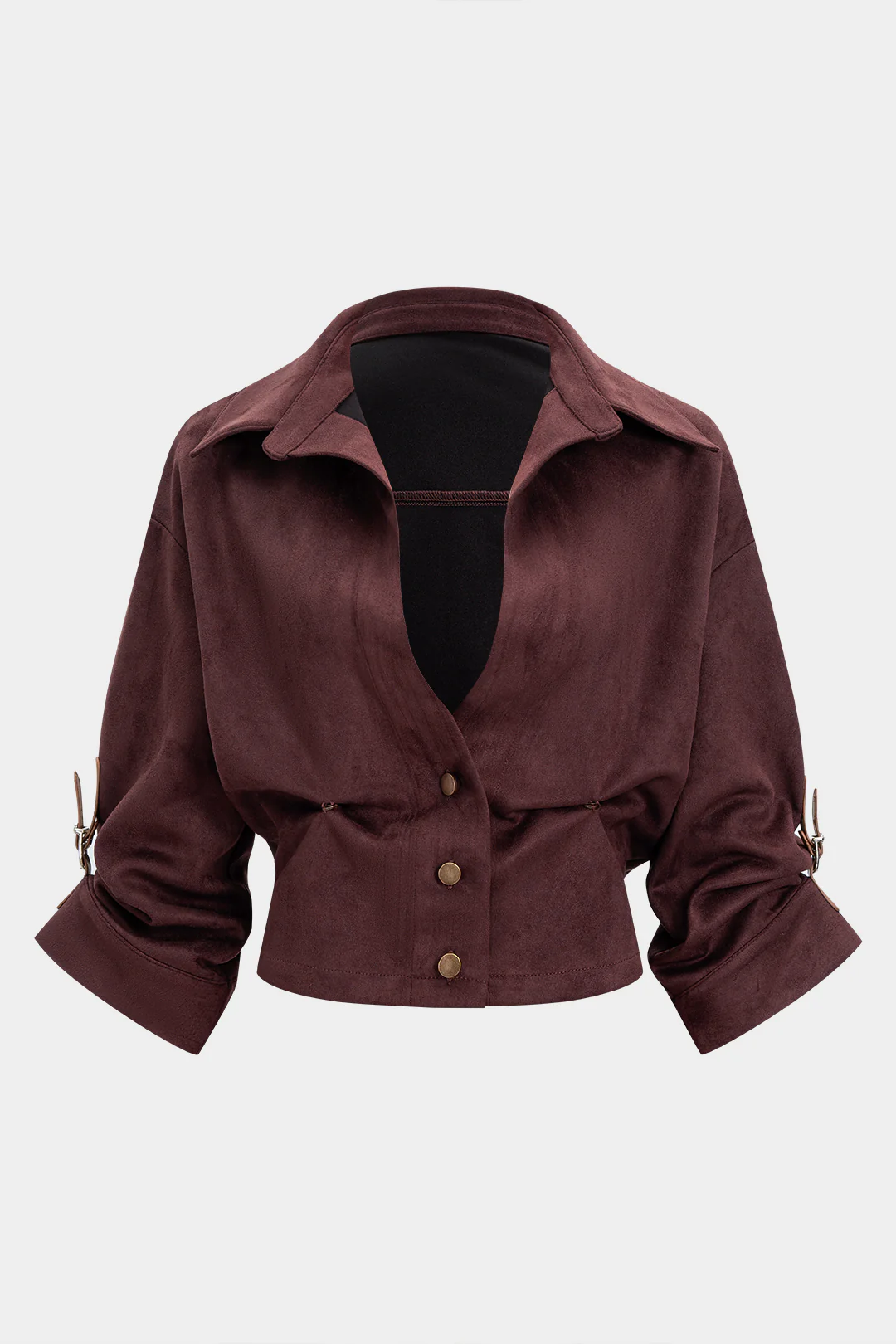 Suede Button Ruched V-Neck Long-Sleeve Shirt - Weenar
