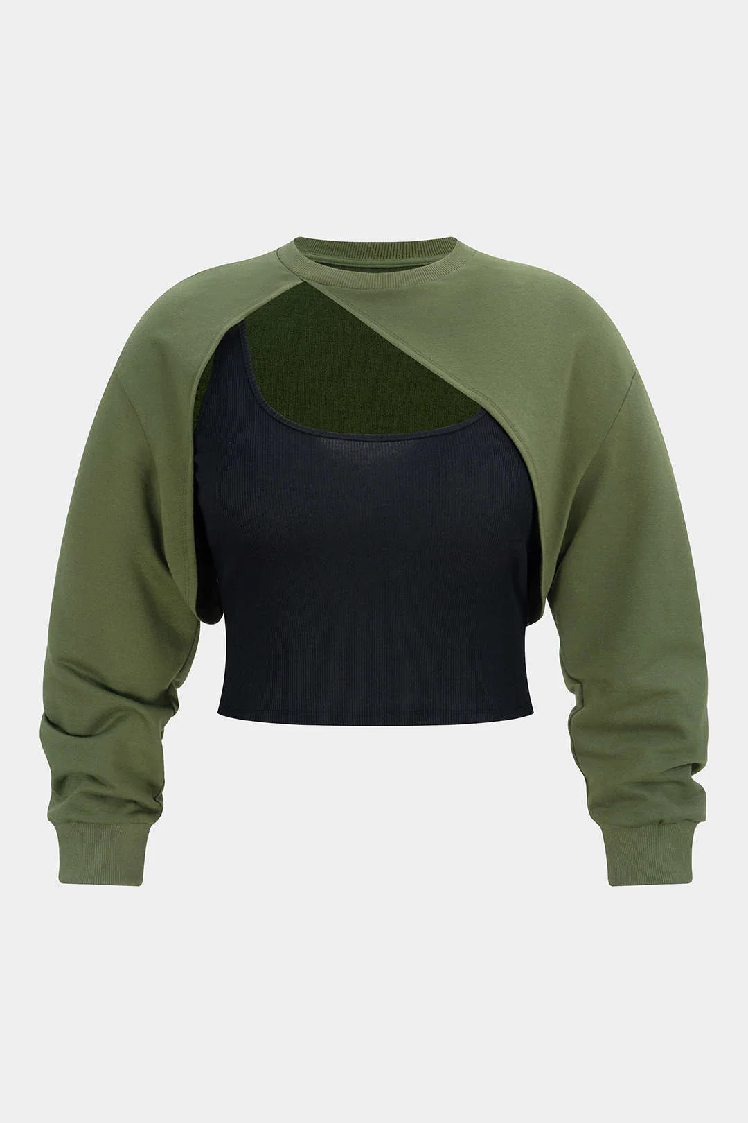 Plus Size Contrast Asymmetrical Cut Out Long-Sleeve Top - Weenar