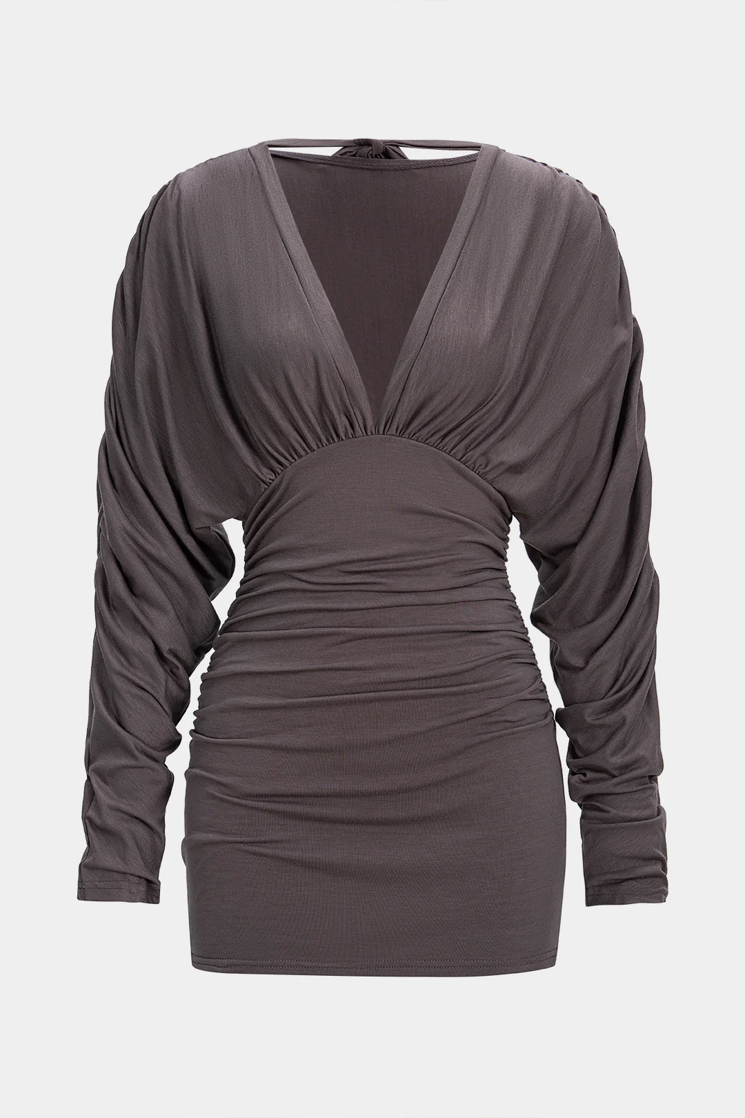 V-Neck Tie-Up Ruched Long Sleeve Mini Dress - Weenar